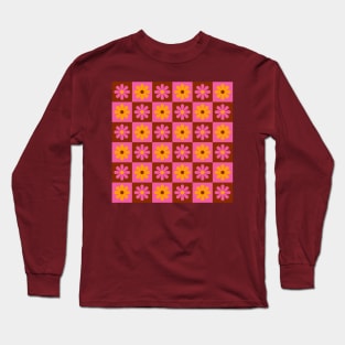 Hot Pink Mod Flower Checkers Long Sleeve T-Shirt